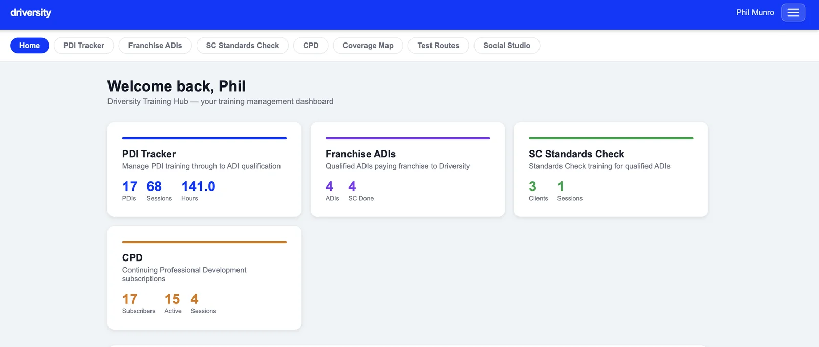 Driversity training hub home — PDI tracker, franchise ADIs, standards checks and CPD in one dashboard