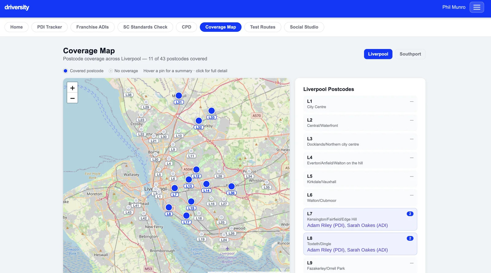 Postcode coverage map showing which instructors cover each area