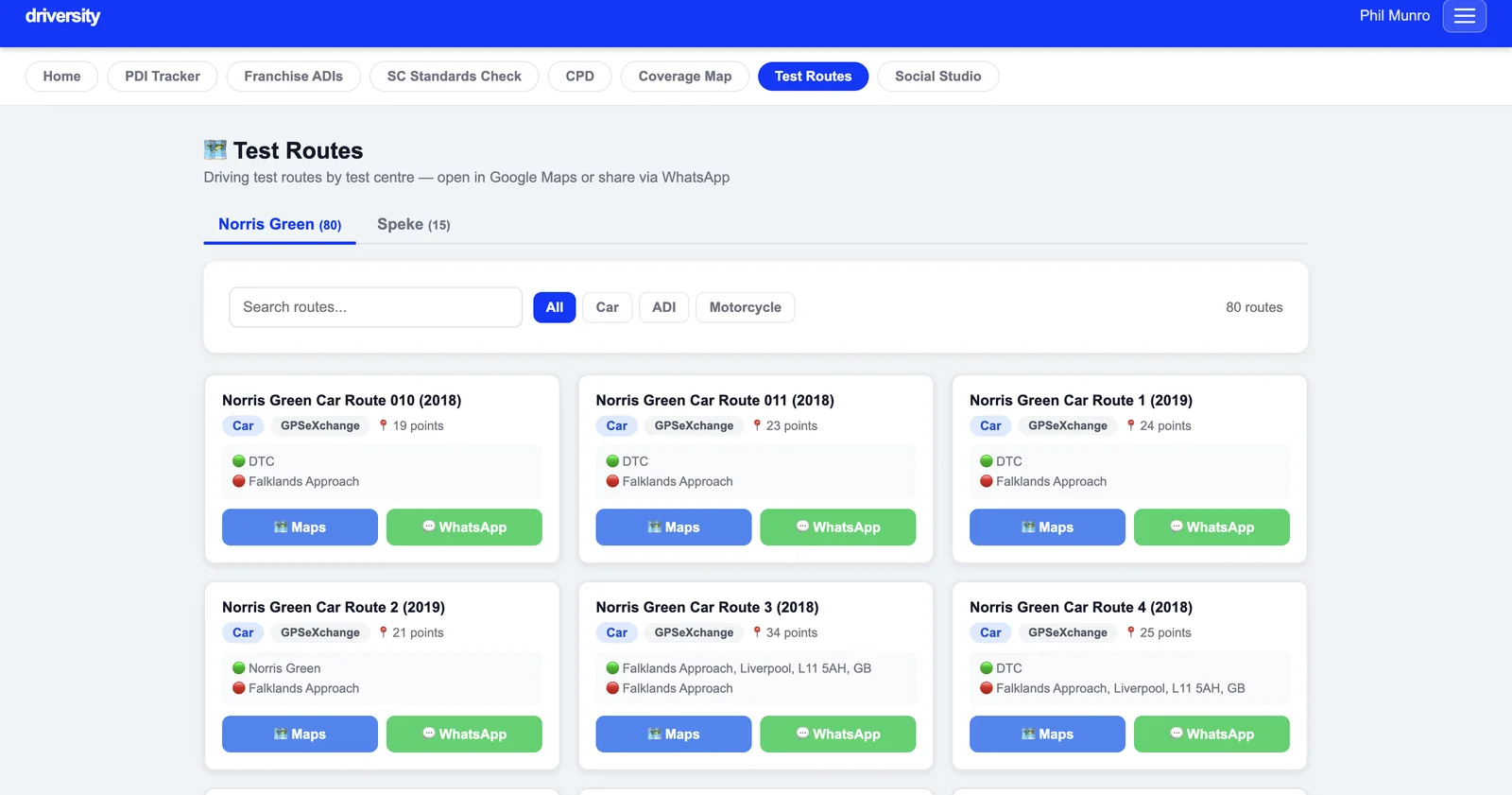 Test route library by test centre — open in Google Maps or share via WhatsApp