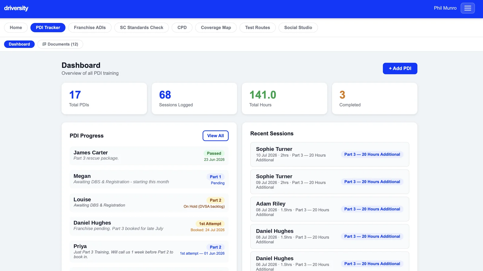 PDI tracker — every trainee's progress, status and recent sessions