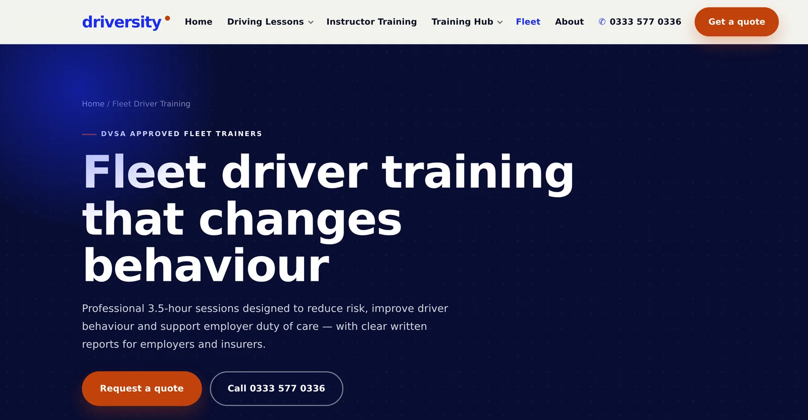 The fleet driver training page on the Driversity website, aimed at employers