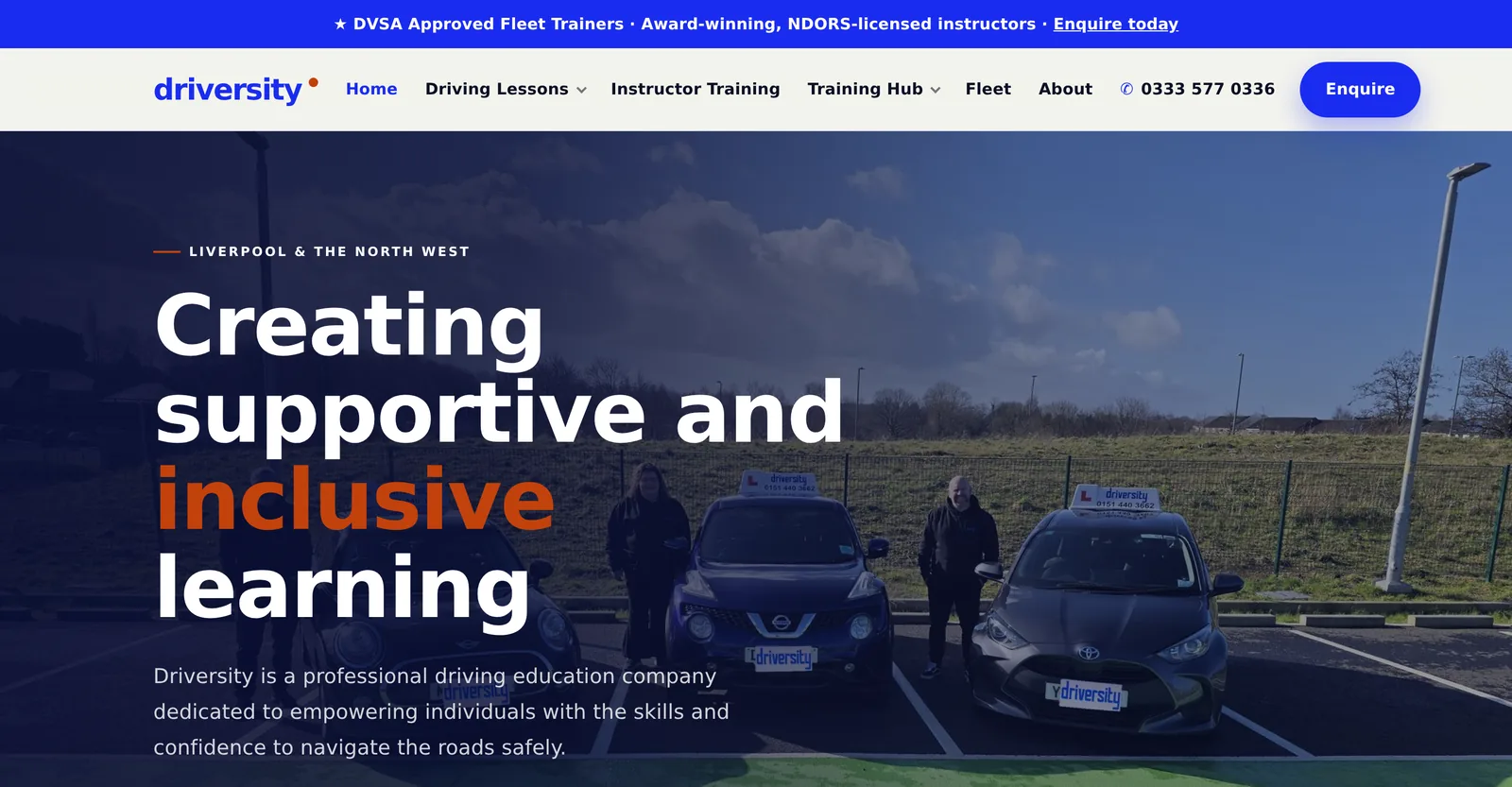The Driversity Training homepage — hero headline, service routes and enquiry actions