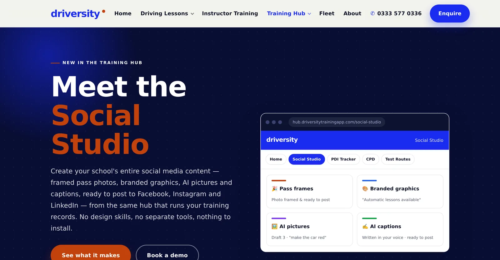 The Social Studio page on the Driversity website — AI drafted posts, captions and images