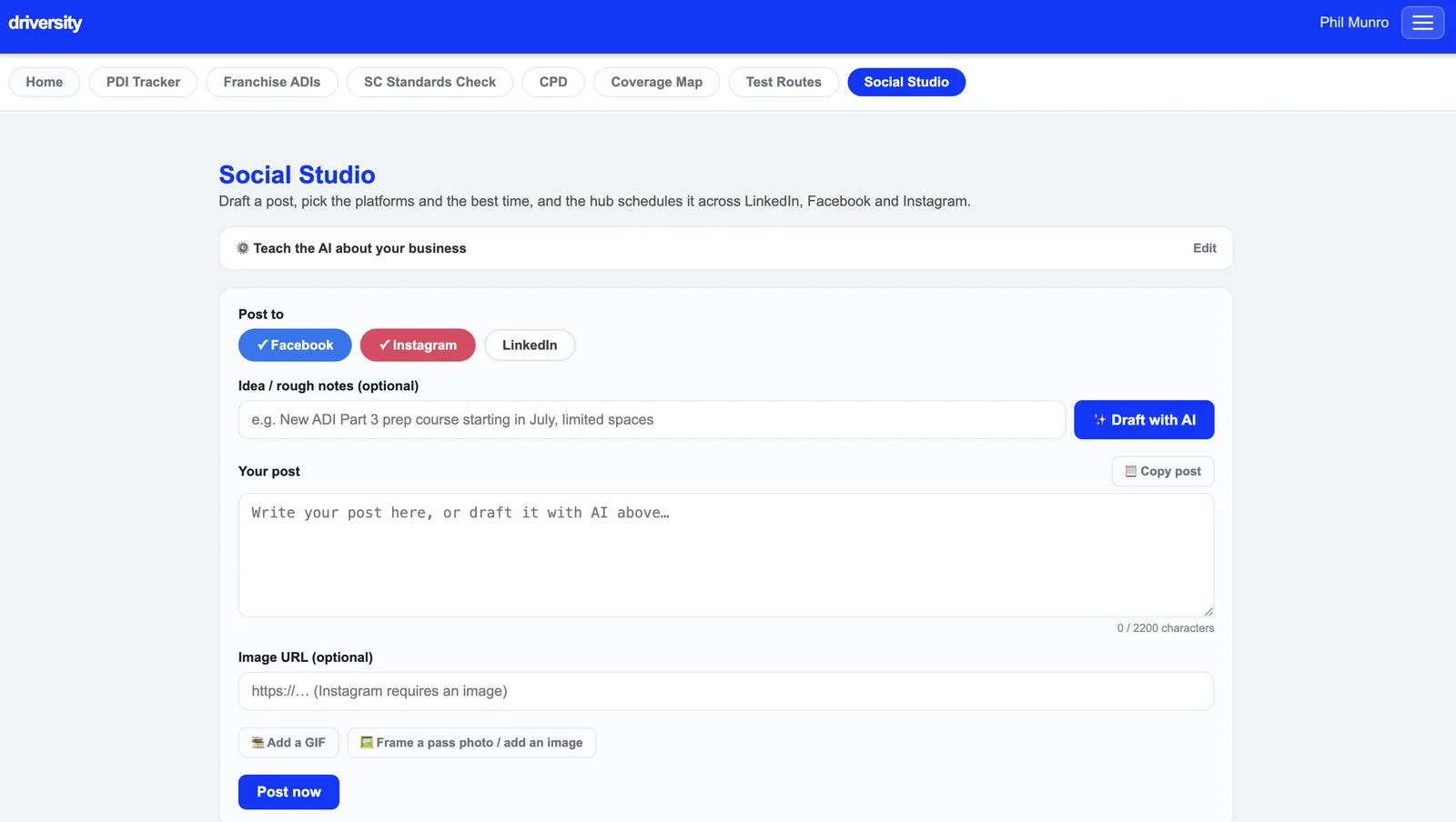 The social studio — draft posts and images with AI, ready to copy into Facebook, Instagram and LinkedIn