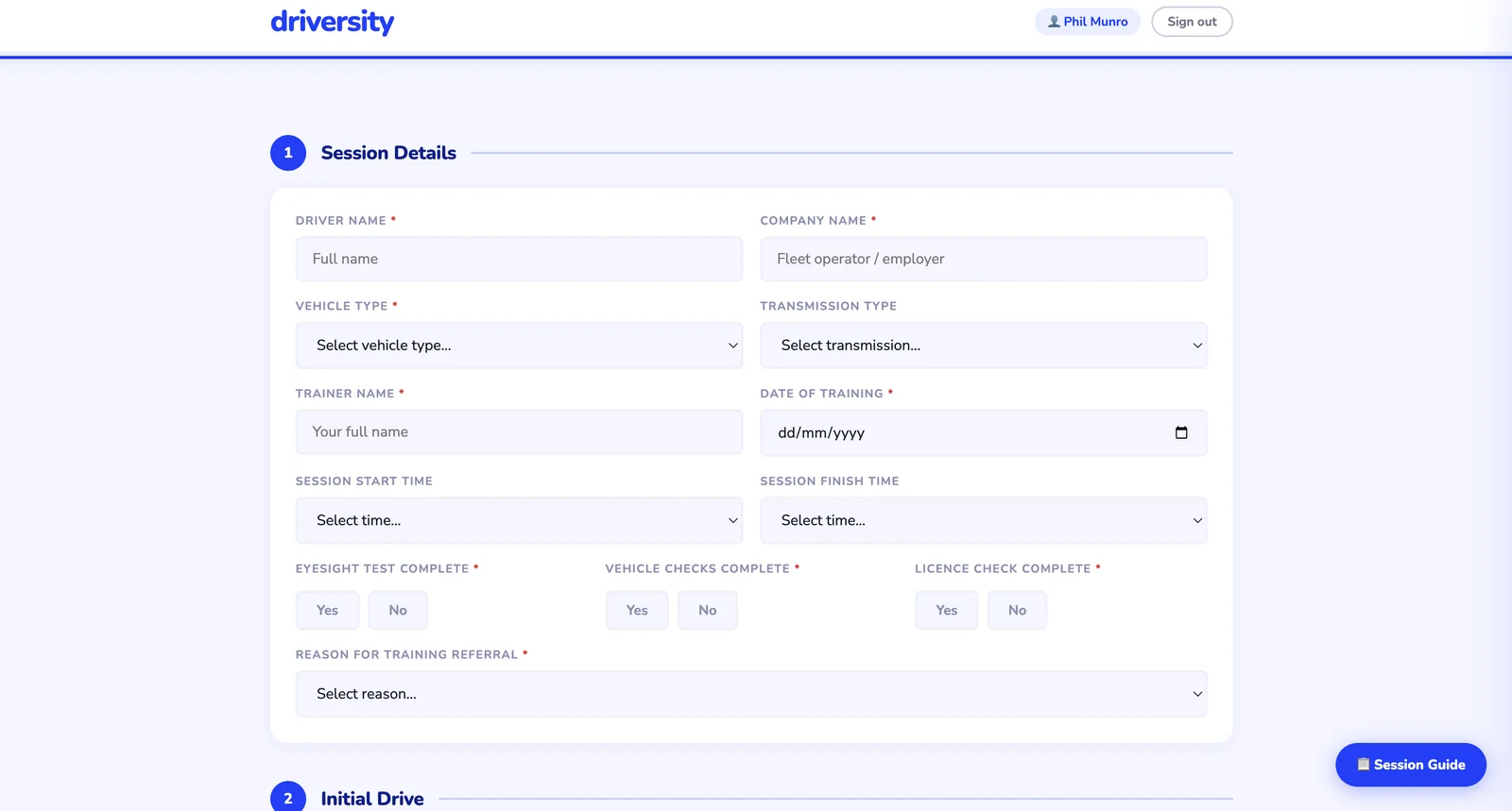 Structured on-road assessment form with session details and the session guide one tap away