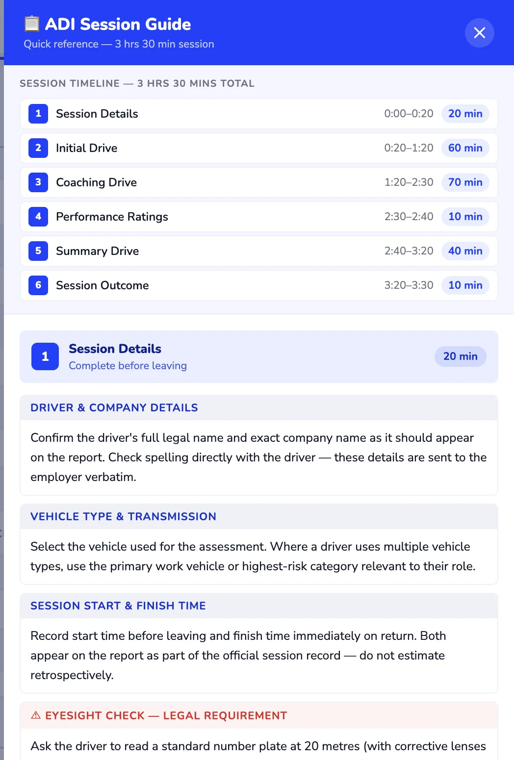 The built-in session guide showing the full session timeline and what to complete at each stage