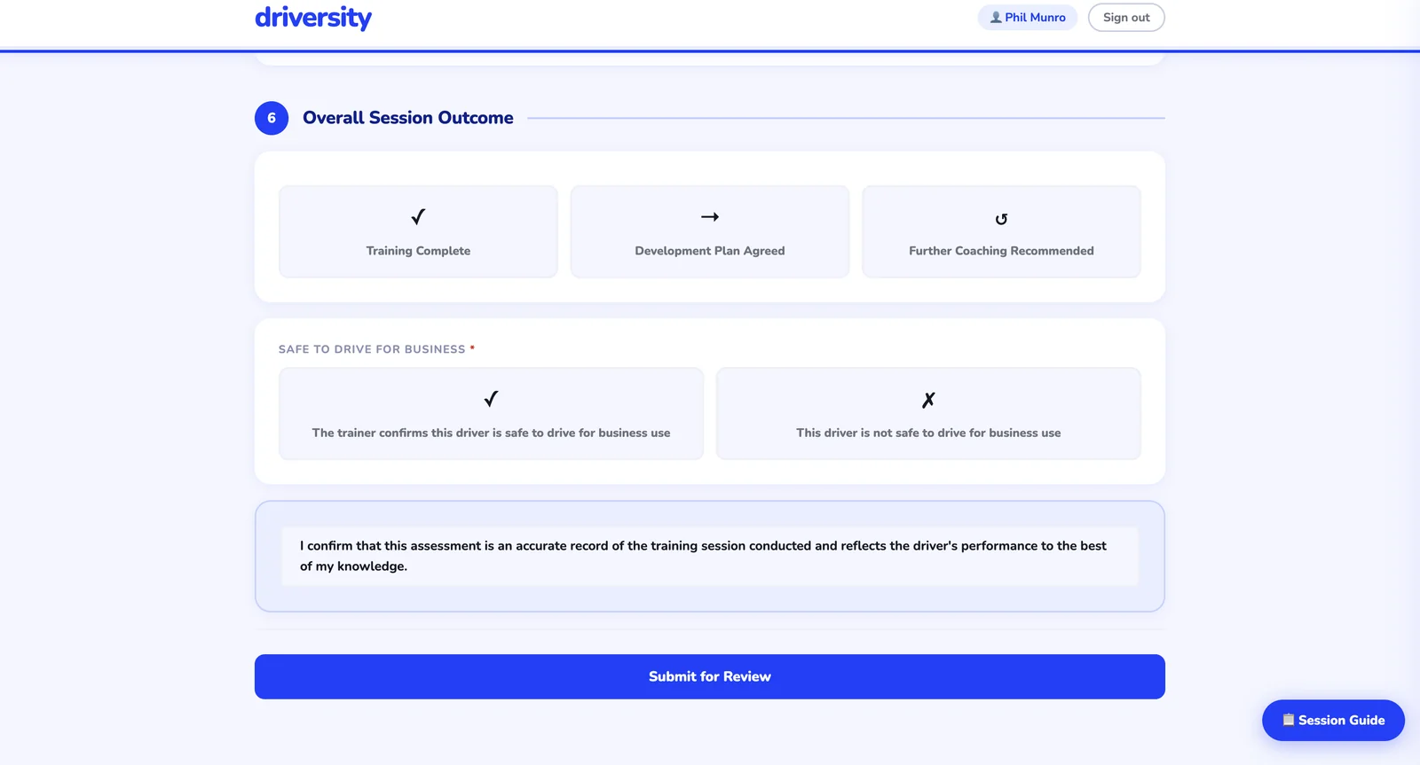 Session outcome screen with the safe-to-drive decision, trainer declaration and submit for review