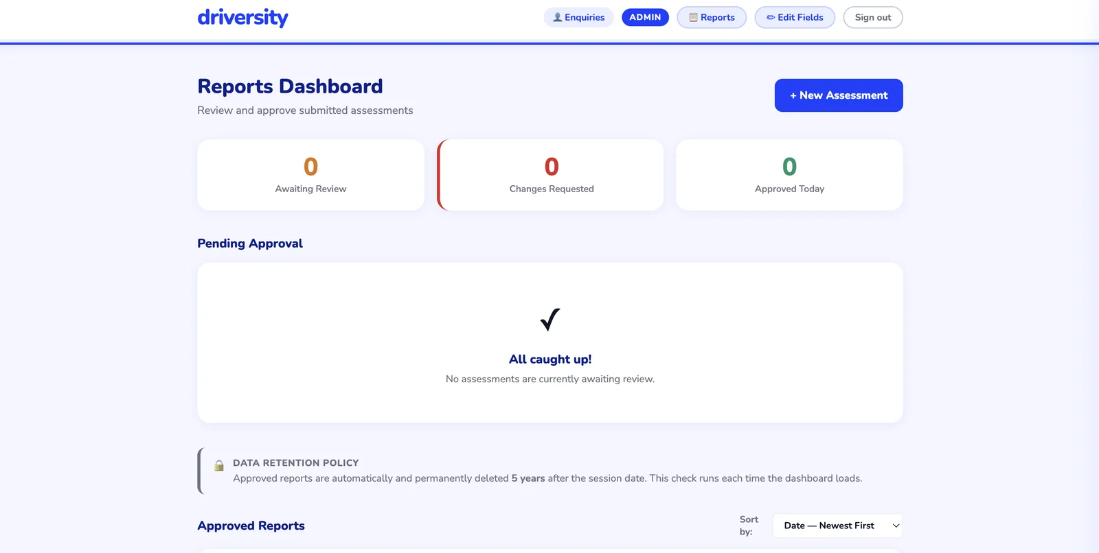 Admin reports dashboard showing assessments awaiting review, changes requested and approved