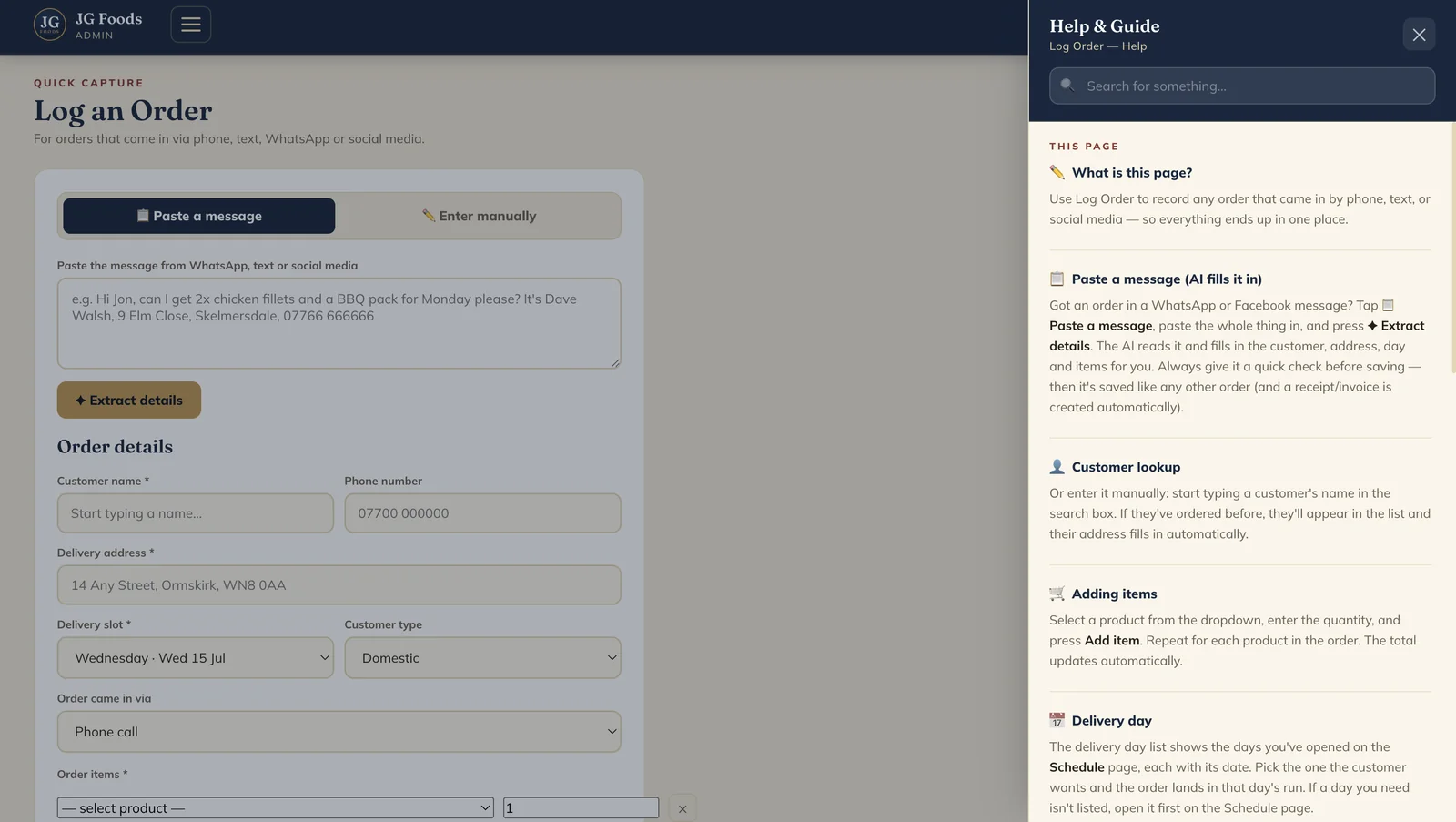 Log an Order screen — AI extracts a structured order from a pasted WhatsApp or social media message