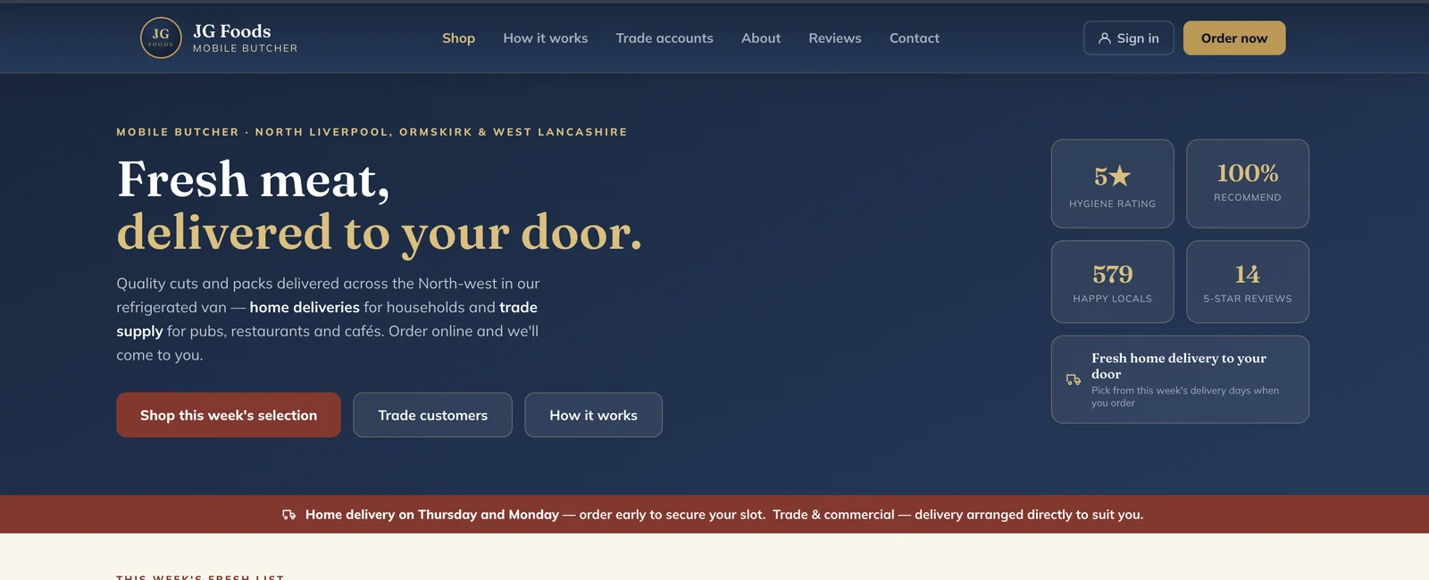 JG Foods customer ordering website — fresh meat delivered to your door