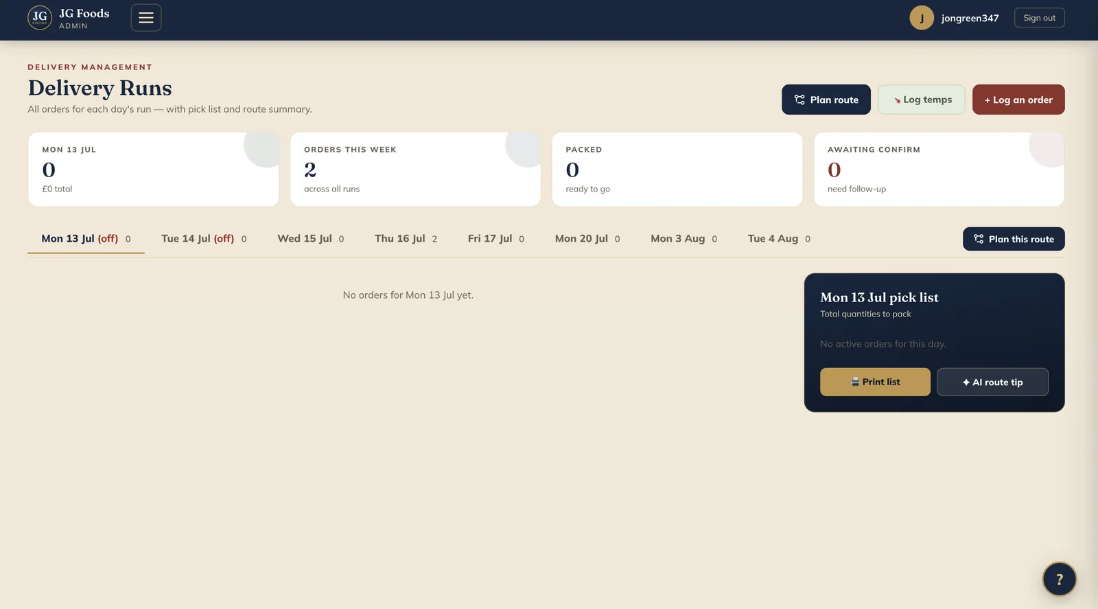 Delivery runs screen with pick lists, route planning and order counts per day