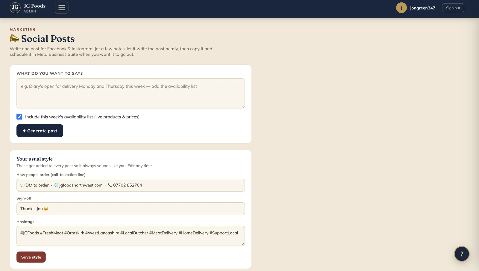 Social posts screen — AI writes the weekly Facebook and Instagram post from live availability